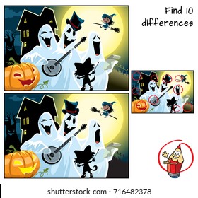 Halloween party with ghosts, cat, pumpkin, moon and a little witch on a broom. Find 10 differences. Educational game for children. Cartoon vector illustration