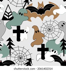 
Halloween party. ghosts, cobwebs, bats, seamless pattern on a cute background. Vector illustration. Great for kids and home decor projects. Surface design.