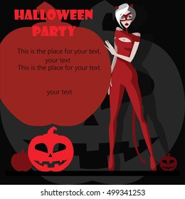 Halloween Party. Girl dressed as devil with pumpkin. Invitation card template