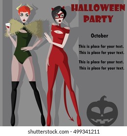 Halloween Party. Girls dressed as monsters with pumpkin. Invitation card template