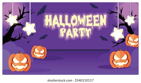 Festa de Halloween com abóboras brilhantes. Estrelas e morcegos pendurados. Conceito de Halloween. Ilustração de vetor plano.