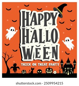 Halloween party with glowing pumpkins in a treat or trick. Old house, ghosts, flying cats and bats. Halloween Party concept. Flat vector illustration.