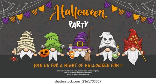 Halloween Party With Gnome, Cute Cartoon Illustration