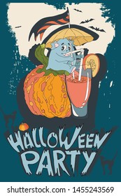 Halloween party A good monster with a black cat is sitting on a pumpkin and drinking juice from a glass under a cocktail umbrella.
			