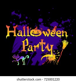 Halloween party gradient text on black background and grunge urban purple spray paint ink. Lettering composition with evil cat, broom silhouette