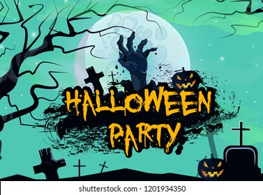 Halloween party graffiti banner design. Creative lettering with zombie hand, pumpkin, graves, tree and full moon. Can be used for banners, posters, postcards