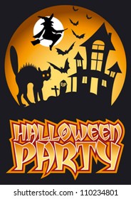 Halloween Party Graphic with Scared Cat, Flying Witch and Bats in front of haunted house.