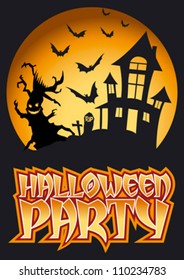 Halloween Party Graphic with Scary Tree and flying Bats in front of haunted house.