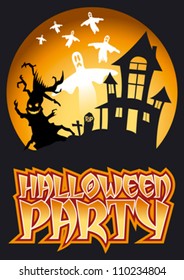 Halloween Party Graphic with Scary Tree and flying Ghosts in front of haunted house.