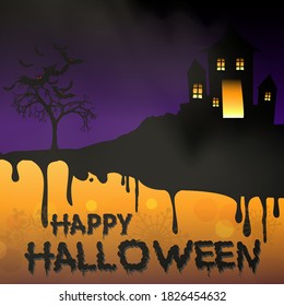 Halloween party graphics design with a dark castle on blue dark background - Vector Illustration