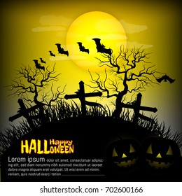 Halloween party, grave, background vector template design with pumpkin,bat and full moon