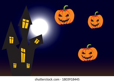 Halloween party. Great for greeting cards, invitations, for printing on T-shirts and more. Happy Halloween! moon, house and pumpkin