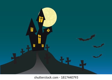 Halloween party. Great for greeting cards, invitations, for printing on T-shirts and more. Happy Halloween! moon, house, bat and gravestone