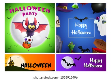 Halloween party green, blue banner set with bat, candies. Halloween, October, trick or treat. Lettering can be used for greeting cards, invitations, announcements