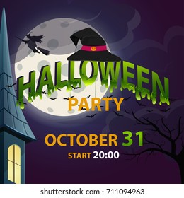 Halloween party. Green logo with with bats and a witch on a broom. Vector