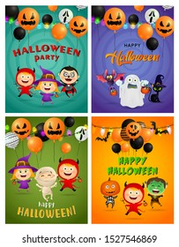 Halloween party green, orange banner set with monsters, balloons. Halloween, October, trick or treat. Lettering can be used for greeting cards, invitations, announcements