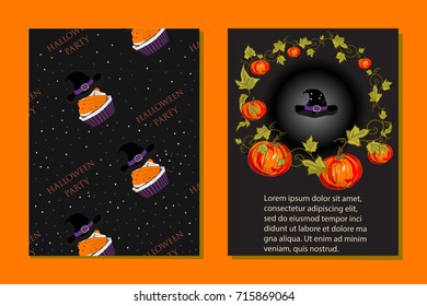Halloween Party Greeting Card with Halloween Cupcake Pattern and Wizard Hat on a black background. Traditional October Holiday.
