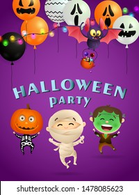 Halloween Party greeting card design with dancing mummy, zombie with funny makeup scar and cheerful demon girl on purple background. Lettering can be used for invitations, posters, postcards