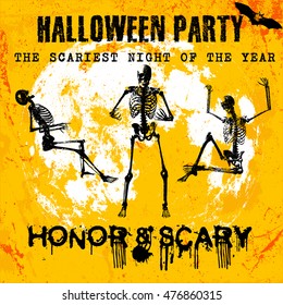 Halloween party greeting card in grunge style, distressed texture vector illustration