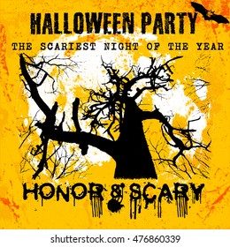 Halloween party greeting card in grunge style, distressed texture vector illustration