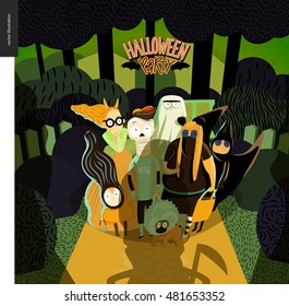 Halloween Party greeting card with lettering. Vector cartoon illustrated group of kids wearing Halloween costumes and a dog, standing in court in front of opened door, scared by old lady with scythe.