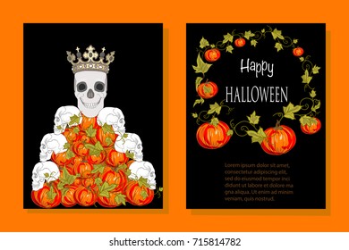Halloween Party Greeting Card with Pumpkin Hill and Skull. Black background.