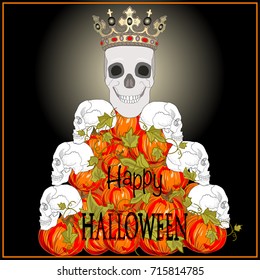 Halloween Party Greeting Card with Pumpkin Hill and Skull. Black gradient background. Day of the dead, Dia de los muertos, sugar skull with Crown.