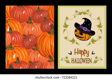 Halloween Party Greeting Card with Pumpkin and Pumpkin pattern.