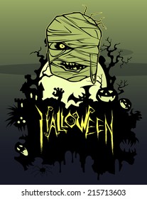 Halloween party greeting card with scary mummy