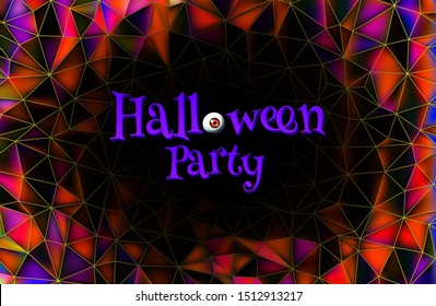 Halloween party greeting invitation text with vintage eyeball on colorful orange polygonal background