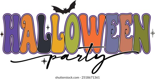 Halloween Party Groovy Texto, Design para impressão em camisa, cartaz, banner. Texto cor-de-rosa sobre fundo branco. Lovely print para camiseta Illustrator Artwork

