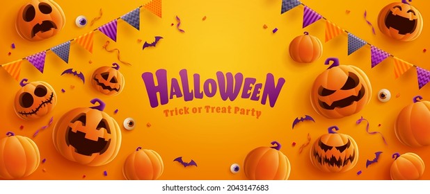 Halloween Party. Group Of 3D Illustration Jack O Lantern Pumpkin On Treat Or Trick Fun Party Celebration Background Design.