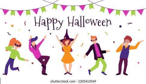 Halloween party. Group of dancing people with big signboard. Sweets, pumpkins, bats are on background.Isolated characters on white background.