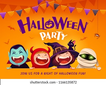 Halloween Party  Group kids in halloween costume and big signboard  