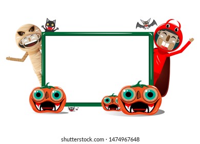 Halloween Party. Group of kids in halloween costume with big signboard. On white background. Vector illustration.