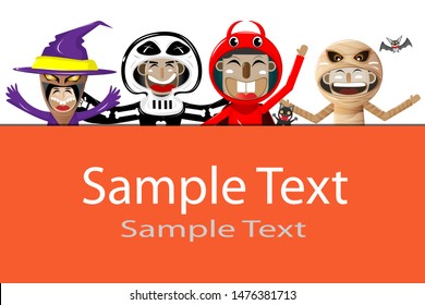 Halloween Party. Group of kids in halloween costume with big signboard. Vector illustration.