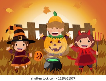 Halloween Party. Group of kids in halloween costume. Vector illustration. 