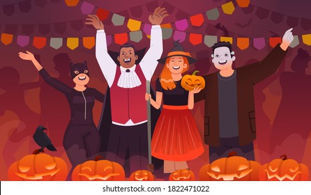 Halloween party. A group of young people dressed in outfits celebrate the holiday. Happy men and women dancing and having fun, flags and pumpkins. Vector illustration in flat style