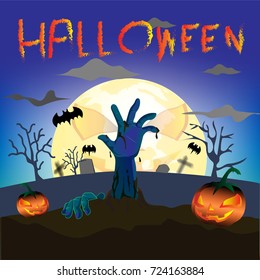 halloween party hand devil and pumpkin in night full moon day 