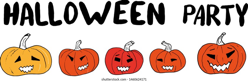 Halloween party hand drawing lettering banner with carved pumpkins on a white background. vector doodle illustration for posters, postcards