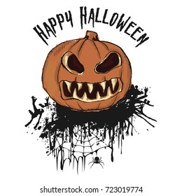 Halloween party. Hand drawn illustration of pumpkin  isolated from background.  Greeting card.  Halloween poster. 