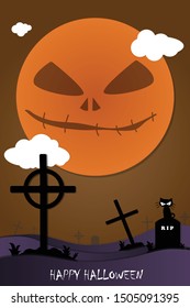Halloween party hand drawn invitation or greeting Cards invitations with ghost, graves, tomb, moon, cat, text. Happy halloween vector illustration. Design concept for holiday background.