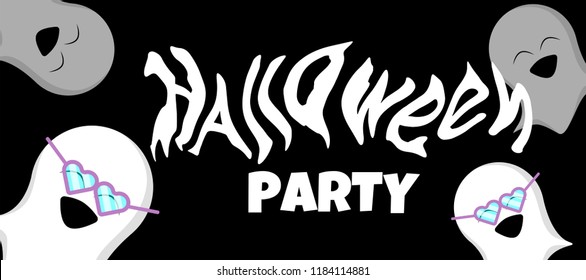 Halloween party hand drawn lettering and flat style laughing ghost in funny glasses icon for holiday related event, children party poster, banner, logo, printing. 