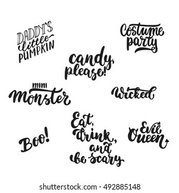 Halloween party hand drawn lettering phrases set, isolated on the white. Fun brush ink inscription for photo overlays, typography greeting card or t-shirt print, flyer, poster design. - Shutterstock ID 492885148