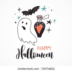 Halloween party, hand drawn modern cards, illustrations collection