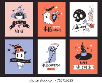 Halloween party, hand drawn modern cards, illustrations collection