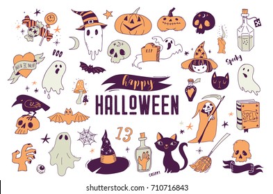 Halloween party, hand drawn modern cards, illustrations collection