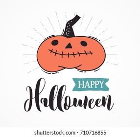 Halloween party, hand drawn modern card with Jack-o'-lantern pumpkin