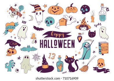 Halloween party, hand drawn modern cards, illustrations collection