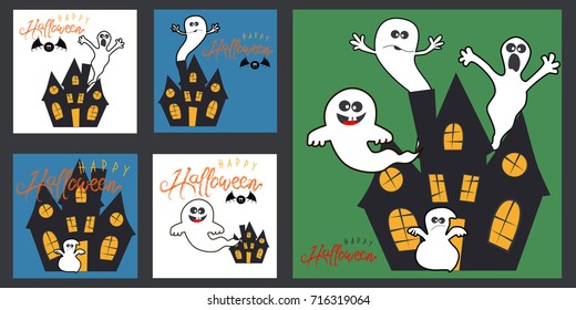 Halloween party, hand drawn modern cards, illustrations collection